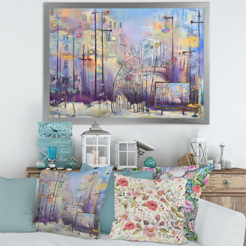 Paysage urbain pastel abstrait - peinture sur toile, H 30 po x l 40 po x 1,5 po, Encadrement argenté