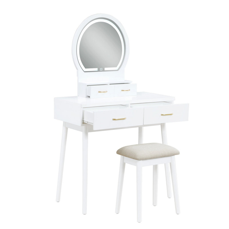 Magnifique commode de meuble-lavabo à finition blanche avec miroir et tabouret avec tiroirs de rangement