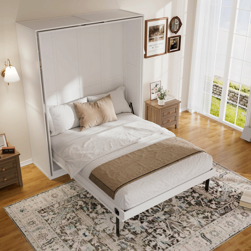 Lit escamotable rotatif avec supports de rangement cachés, lit mural multifonctionnel peu encombrant pour le bureau à domicile et les petites pièces, blanc