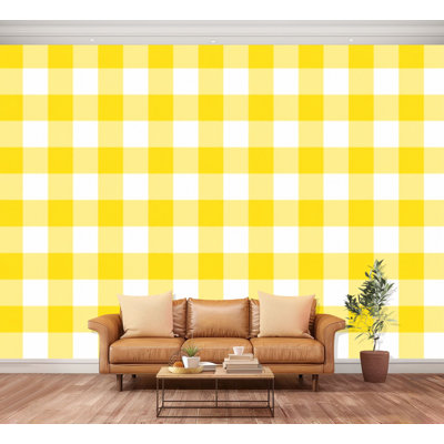 Wall Mural Peel and Stick Yellow gingham checkered white square Abstract Geometric Plaid Large Wallpaper Self-Adhesive Removable Contact Paper Wall Decor for Living Room Bedroom Nursery 100"H x 144"W