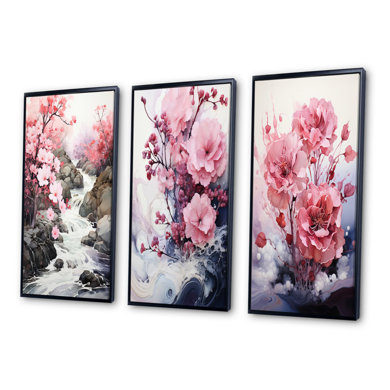 «Pink Grey Minimalisme Serenity In River», 3 pièces sur toile, Cadre flottant noir, H 40 po x l 60 po