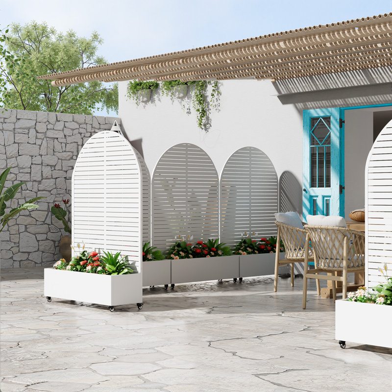 Boîte à fleurs en métal avec treillis et roues Arch, H 72 po x l 47 po x P 16 po, White