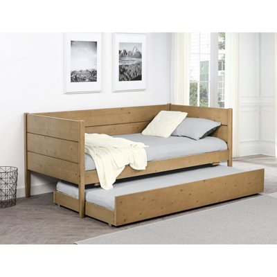 Lit de jour simple naturel avec lit gigogne, conception de style transitionnel, fabrication, lattes coulissantes pour la ventilation du matelas