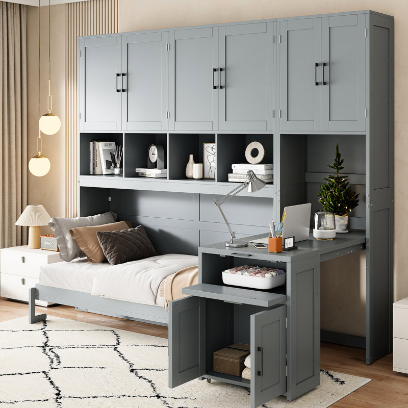 Lit simple mural gris avec placard, tiroirs et bureau - fonctionnel et élégant pour les petits espaces