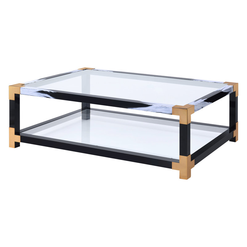 Table basse en verre transparent avec pieds carrés en métal et tablette de rangement blanc brossé contemporain