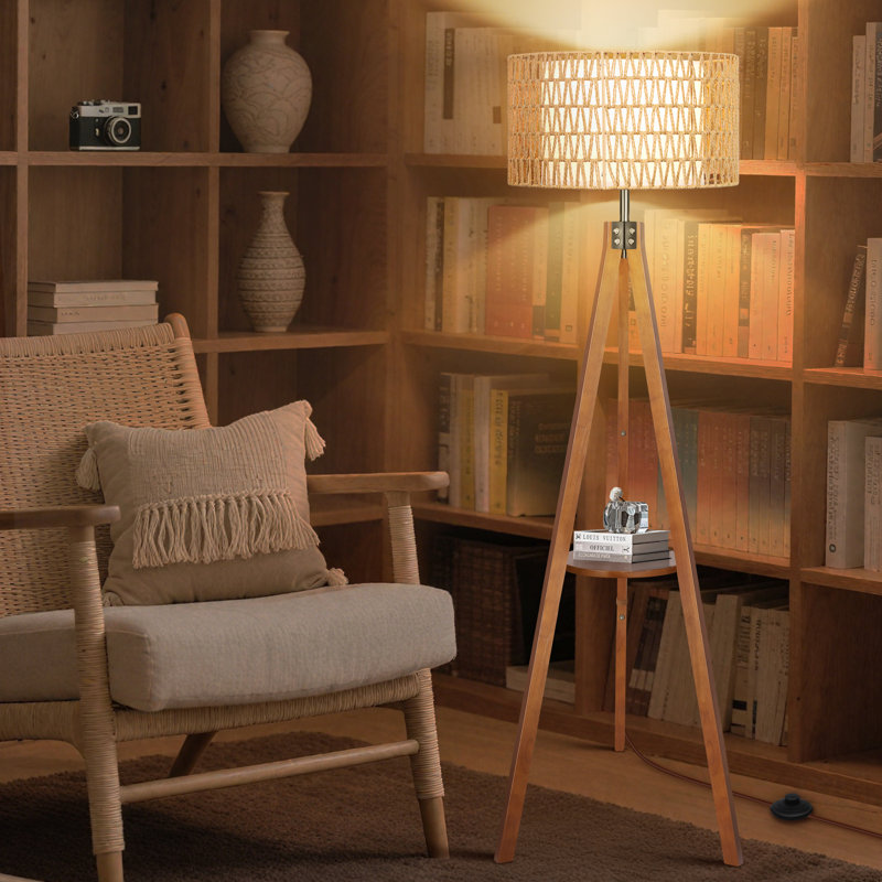 Wicker Double Lampshade Dimmable Tripod Floor Lamp With Shelves And Remote Control, Brown