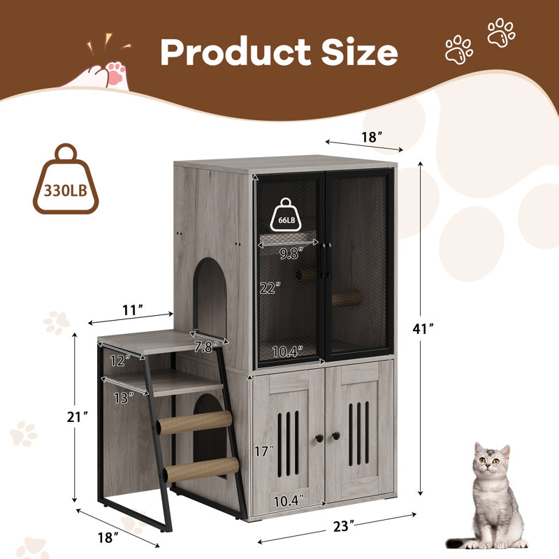 Enceinte de litière pour chat pour 2 chats et portes, maison pour chat double avec espace de rangement, meuble de litière fermé avec échelle