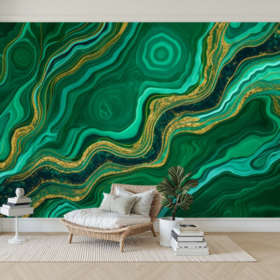 Wall Mural Peel and Stick Wallpaper abstract fake stone malachite green agate jasper marble slab gold Self-Adhesive Removable Contact Paper Wall Decor for Living Room Bedroom 100"H x 144"W