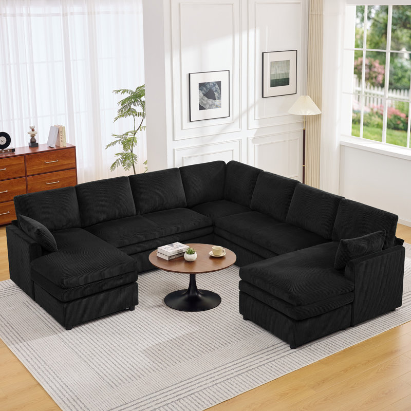  Modular Sectional Sofa with Chaise Lounge, Comfy Deep Dual-Layer Cushion Couch, 9 Seater Left&Right Chaise Couch, Black
