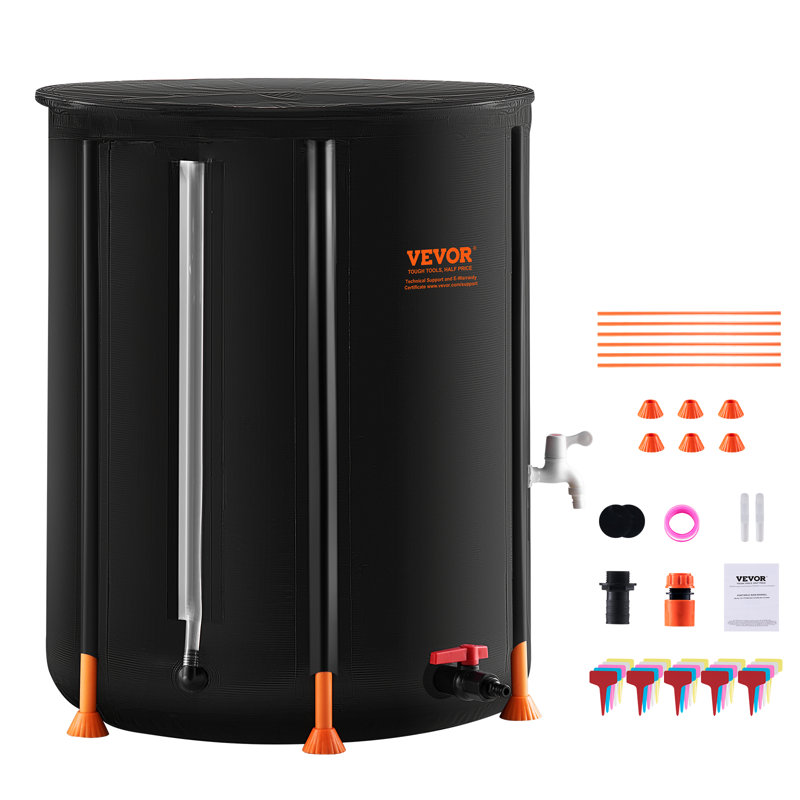 Black PVC Collapsible Rain Barrel with Spigots and Overflow Kit