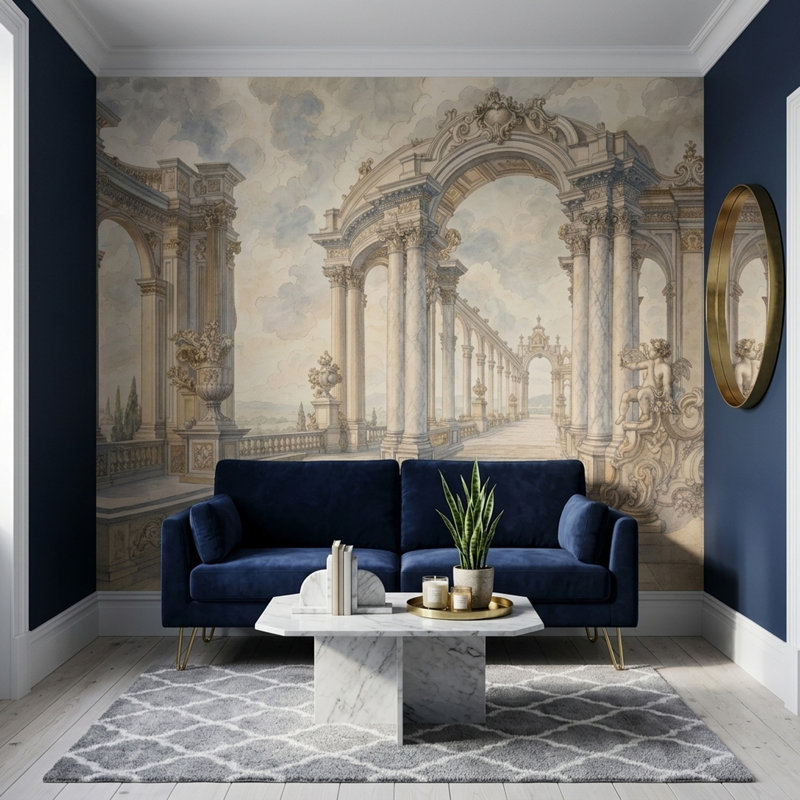 Papier peint mural représentant une terrasse de palais classique avec un ciel nuageux, 200"x120", Textured Non-Pasted