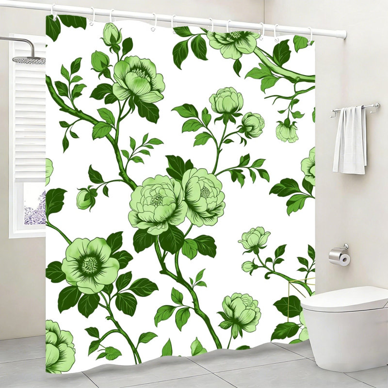 Rideau de bain pivoine avec crochets Line Art, vert 180 x 180 cm (72 x 72 pouces)