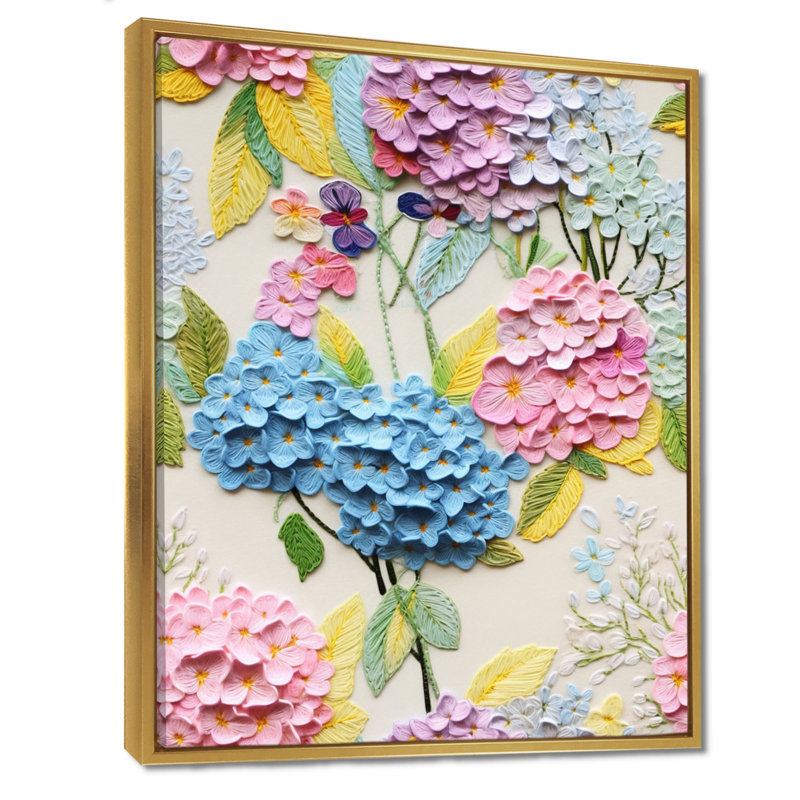 Fleurs d'hortensia bleu pastel vibrant - rose, H 40 po x l 30 po, Cadre flottant doré, bois massif