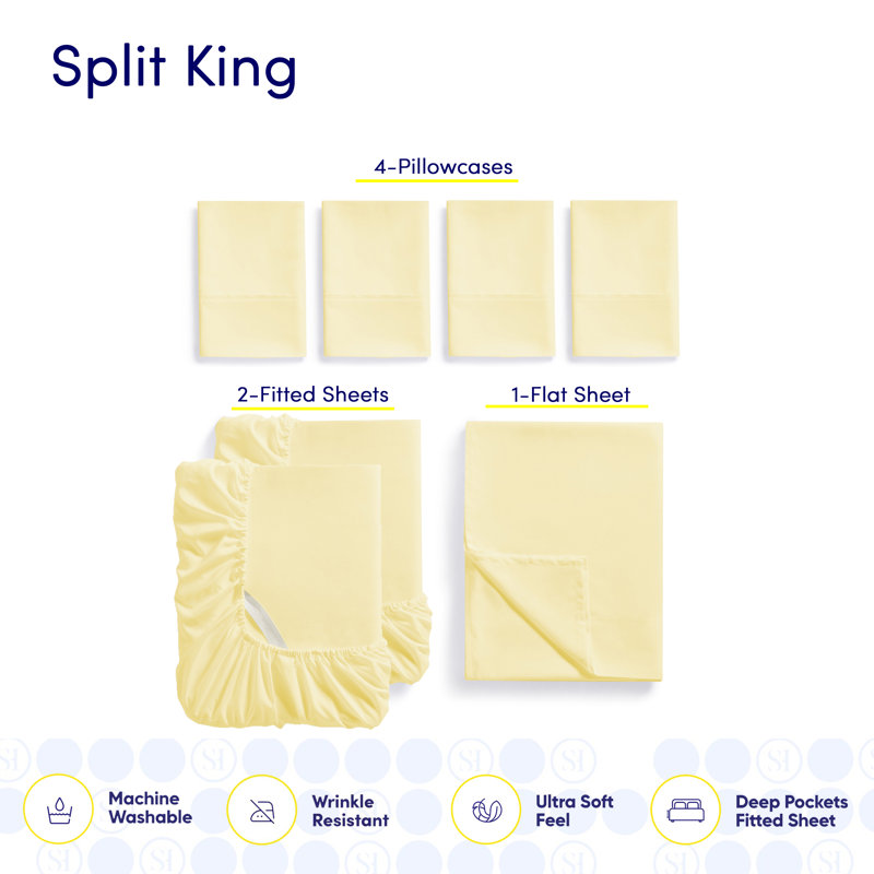 Luxurious Soft Microfiber Sheet Set with Bonus Pillowcases, Split King Sheet Set with 4 Pillowcases, Pale Yellow