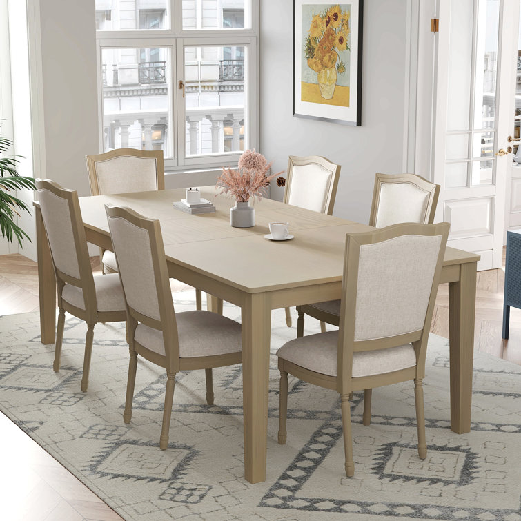 Rustic And Functional 7-Piece Extendable Dining Table Set With Removable Leaf, Upholstered Chairs, And Built-In Drawers For Family Gatherings And Entertaining