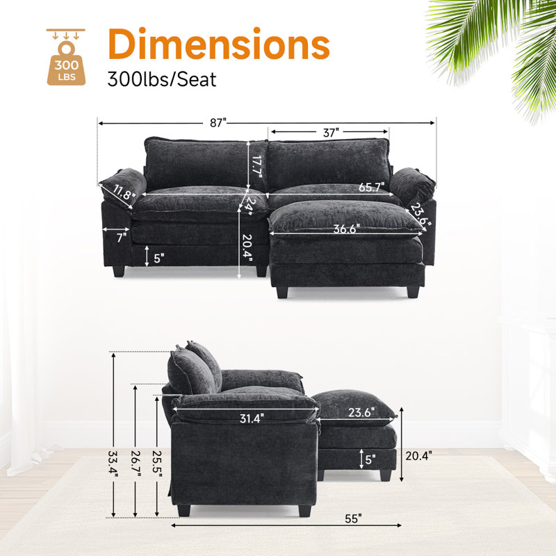 85.4 In'' Multi-Layer Cushion Loveseats With Ottoman, Black Chenille