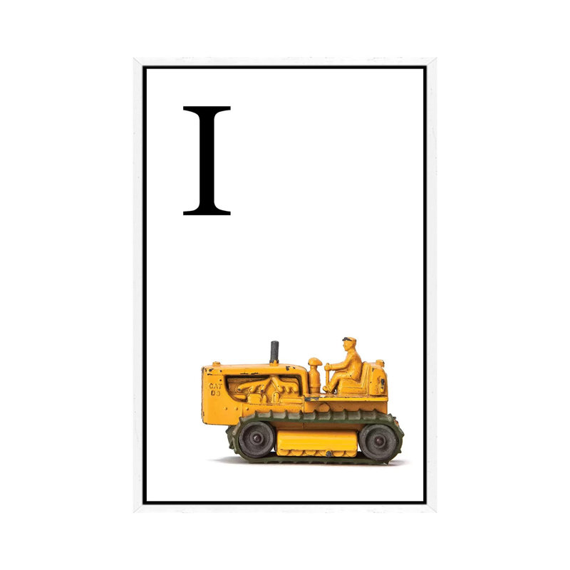 I Bulldozer Yellow White Letter - Print on Canvas, 66.04 cm H x 45.72 cm W, White Framed