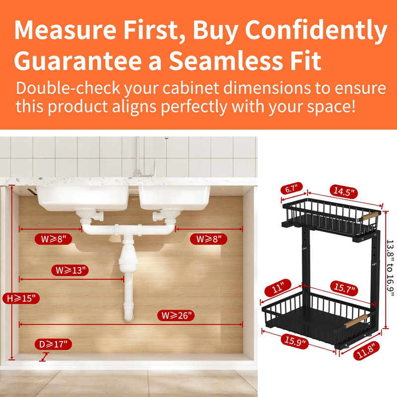 Ensemble de 2 tablettes sous le lavabo, tablette coulissante en métal à 2 niveaux avec hauteur réglable pour le garde-manger de la cuisine
