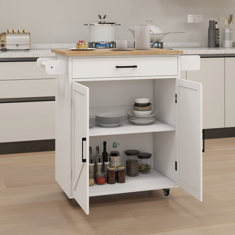 Kitchen Island Cart With Adjustable Shelves, Towel Rack & Seasoning - White Rolling