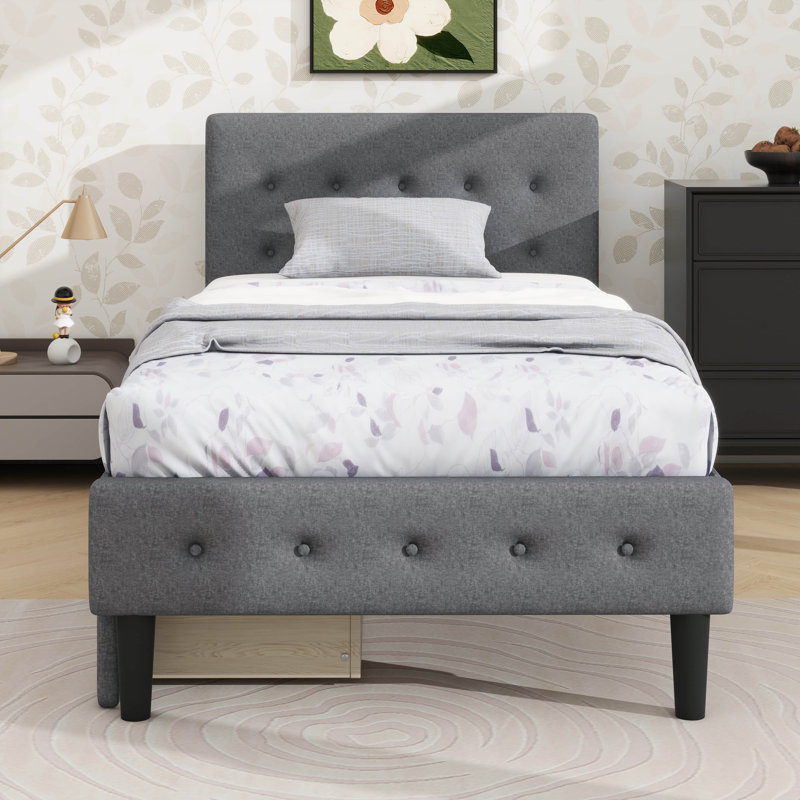 Lit plateforme simple tapissier avec 2 tiroirs, Beige