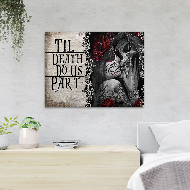 Couple of Skeletons Kissing - Til Mort Do Us Part - 1 pièce, reproduction d'art graphique sur toile tendue