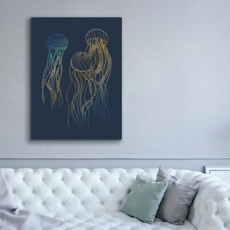 «Wallife Blue and Gold Jellyfishes» par Sabrina Balbuena, art mural épique sur toile, 40 po x 54 po