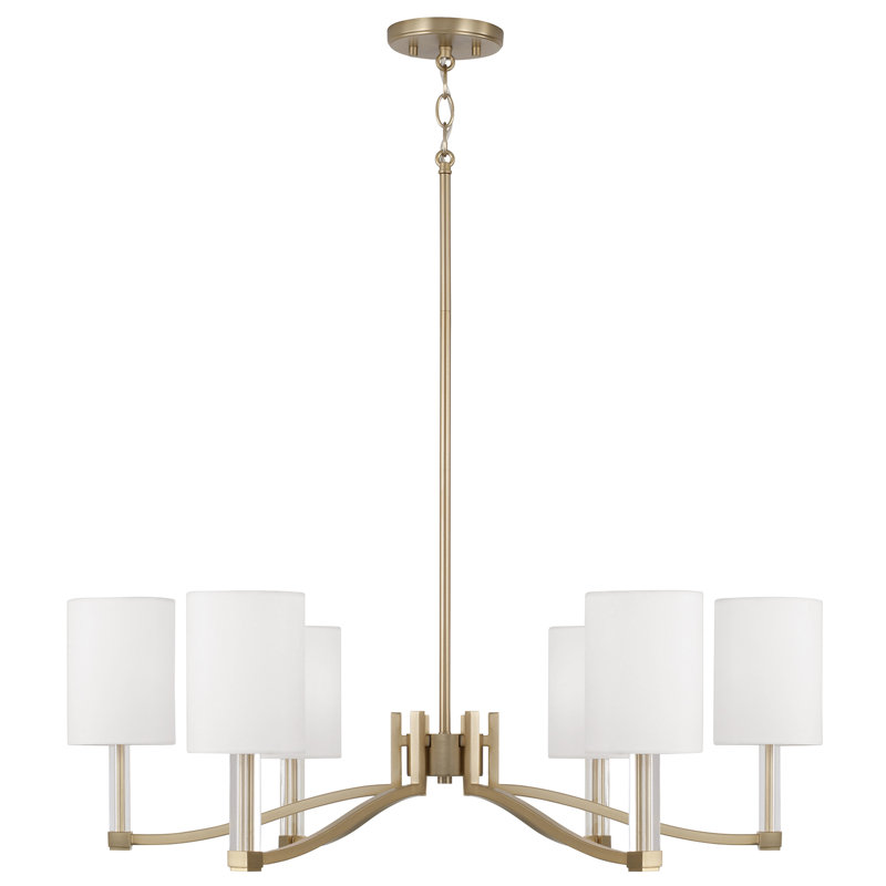 6-Light Chandelier in Matte Brass with Clear Acrylic Accents and Cylindrical White Fabric Shades