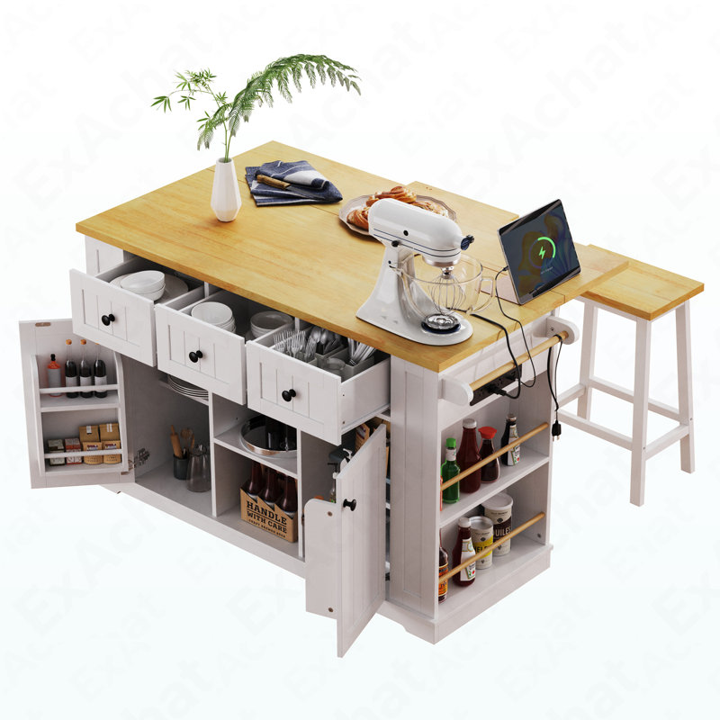 53Inch Large Kitchen Island With 2 Bar Stools, Power Outlet,Door Internal Storage Rack, Kitchen Storage Cart On 5 Wheels With Drop Leaf, 5 Open Side Racks, 3 Drawers, For Kitchen,Dining Room,White