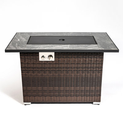 44" Propane Gas Fire Pit Table, 50000 BTU Rectangular Fire Pit, Tile Tabletop With Beautiful Wicker Base For Outside Patio Deck Garden Courtyard-Brown