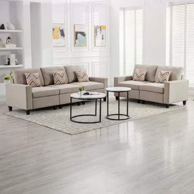 Ensemble de canapé et causeuse en tissu de lin beige Nolan avec pieds interchangeables et coussins décoratifs pour plus de confort et de style