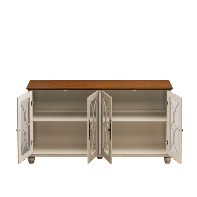 Antique Style 4-door Sideboard With Tempered Glass Doors, Adjustable Shelves And Classic Decorative Handles, Beige