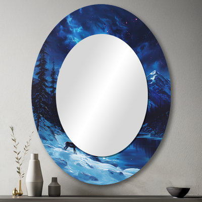 Aurore boréale cerf sur une montagne enneigée - miroir mural ovale traditionnel