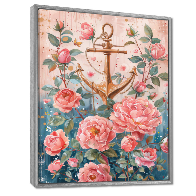 Rose, vert, bord de mer rétro, ancre roses II - art mural bord de mer, Toile argentée avec cadre flottant