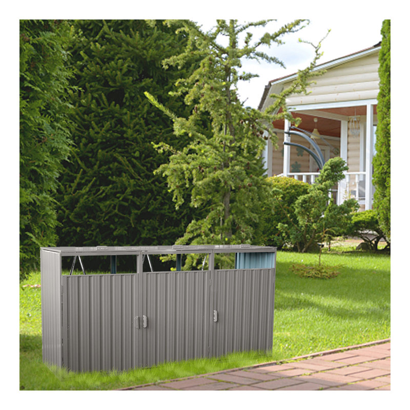 Garbage Bin Shed Stores 3 Trash Cans Metal Outdoor Bin Shed For Garbage Storage,Stainless Galvanized Steel, Bin Shed For Garden Yard Lawn,Grey