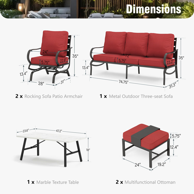 Tapasi Patio Conversation Set with Rocking Lounge Chairs  & Sofa, Red, Yes