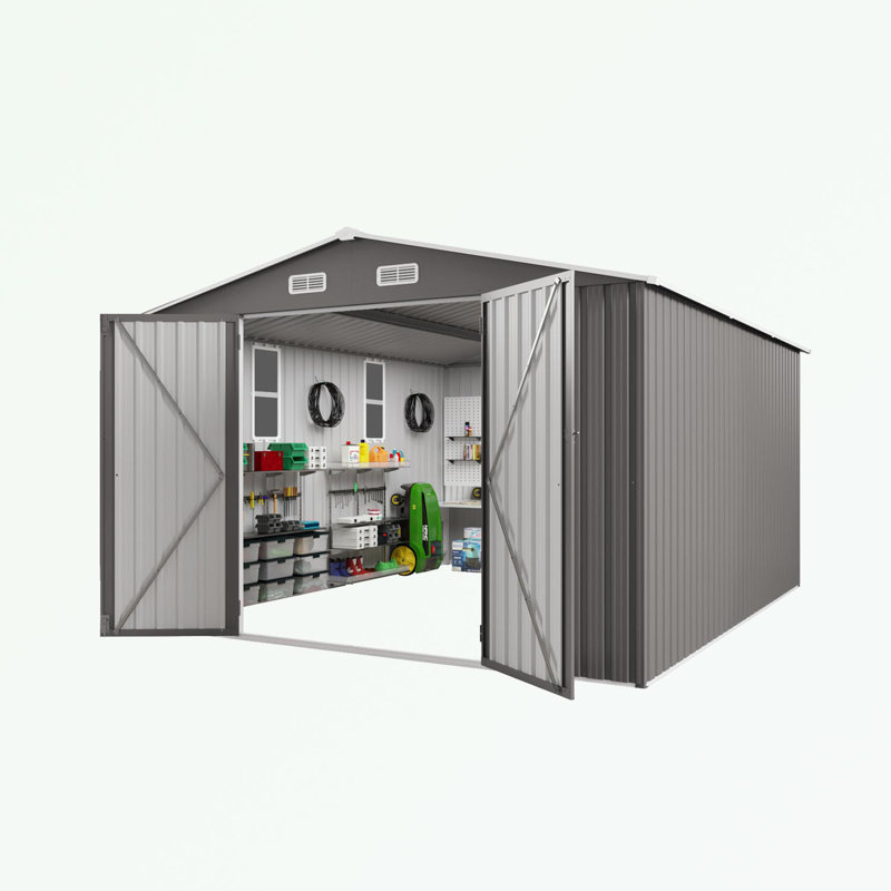 Abri de jardin en métal avec double porte et deux fenêtres, H 80,30 po x l 119,69 po x P 143,70 po
