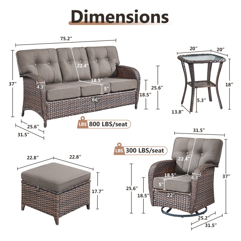 Agnes All-Weather Wicker Courtyard Conversation Set With Swivel Chairs And Ottomans, Grey