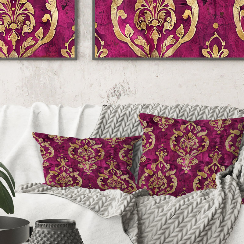 Pink Gold Damask Elegance - Transitional Throw Pillow, 16"H x 16"W