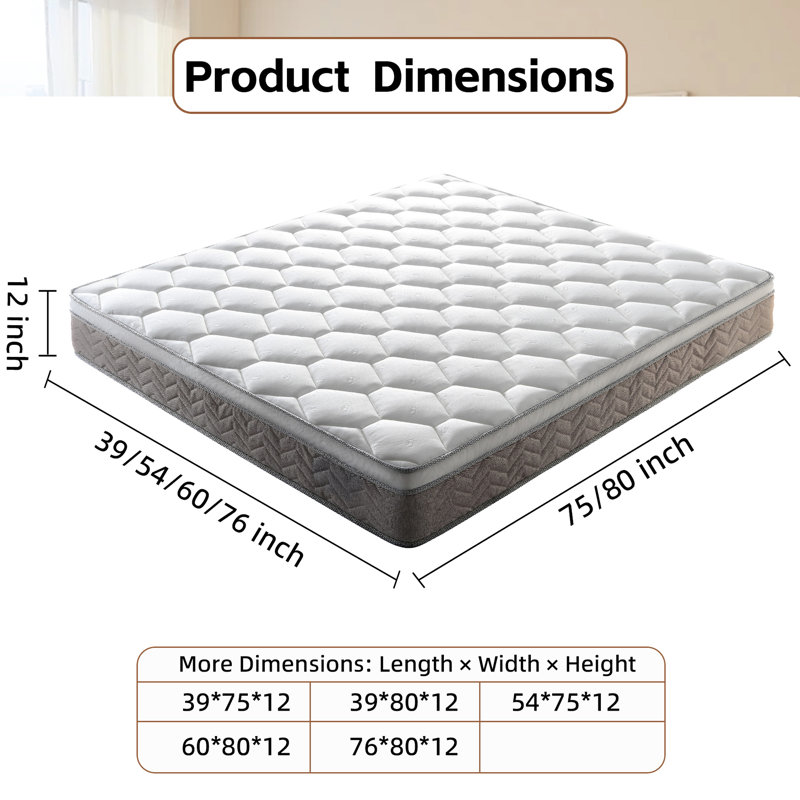 Matelas pour très grand lit 12 po, fermeté moyenne, mousse à mémoire de forme et ressorts ensachés, doux et confortable, soulagement, isolement par mouvement en pouces dans une boîte, ressorts individuels, mousse, isolement, respirant, rafraîchissant, bord extra