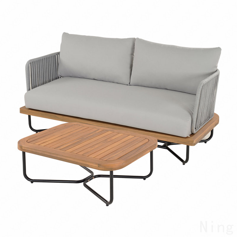 Causeuse et table d'extérieur en bois d'acacia tissé avec corde, gris, Gris