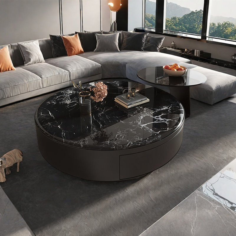 Table basse ronde en pierre supercristalline, H 13 po x L 35,4 po x l 35,4 po, Noir, noir, noir, noir