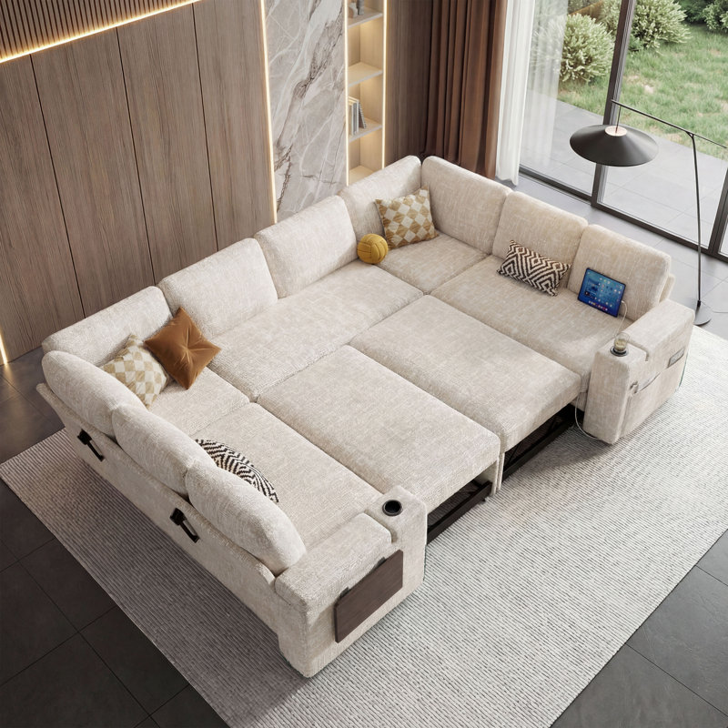 Grand canapé-lit modulaire 8 places avec rangement Lovescat, canapé-lit modulaire avec port USB et porte-gobelet, canapé convertible en forme de U de 108 po pour grand salon