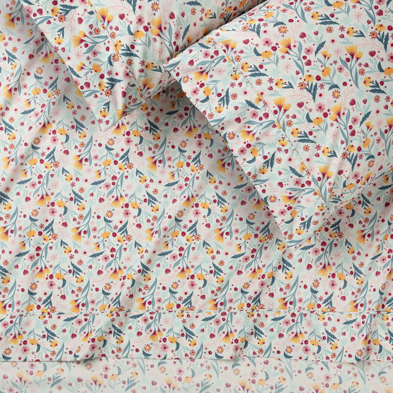 Spring Bloom Ultra Soft Floral Microfiber Percale Sheet Set, King Sheet Set + Fitted Sheet + 2 Pillowcases