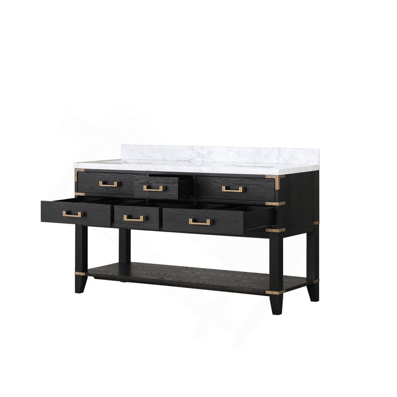 Meuble-lavabo double en chêne noir 60 po X P 22 po D, avec plateau en marbre de Carrare