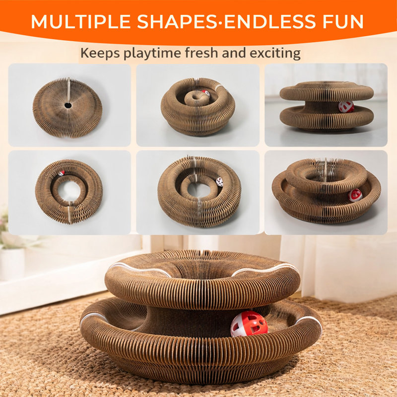 Jouet pour chat Kitty Curls, orgue magique pliable en accordéon avec balle roulante, griffoir interactif apaisant pour chats et chatons d'intérieur
