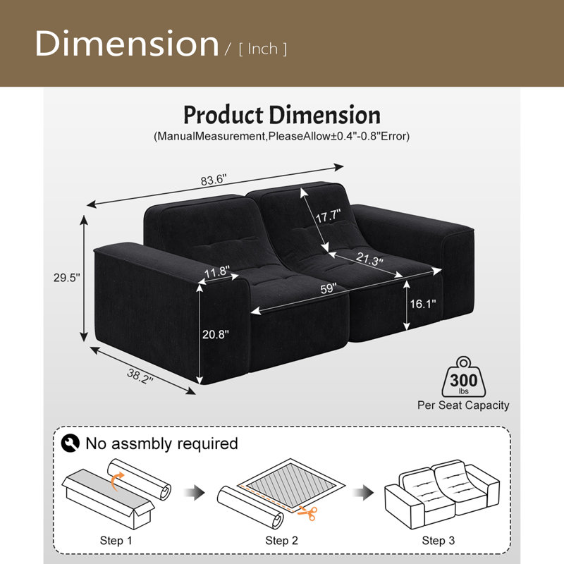 Canapé modulaire 83,6 po à 3 places avec canapé capitonné 83,6 po pour salon, Polyester noir