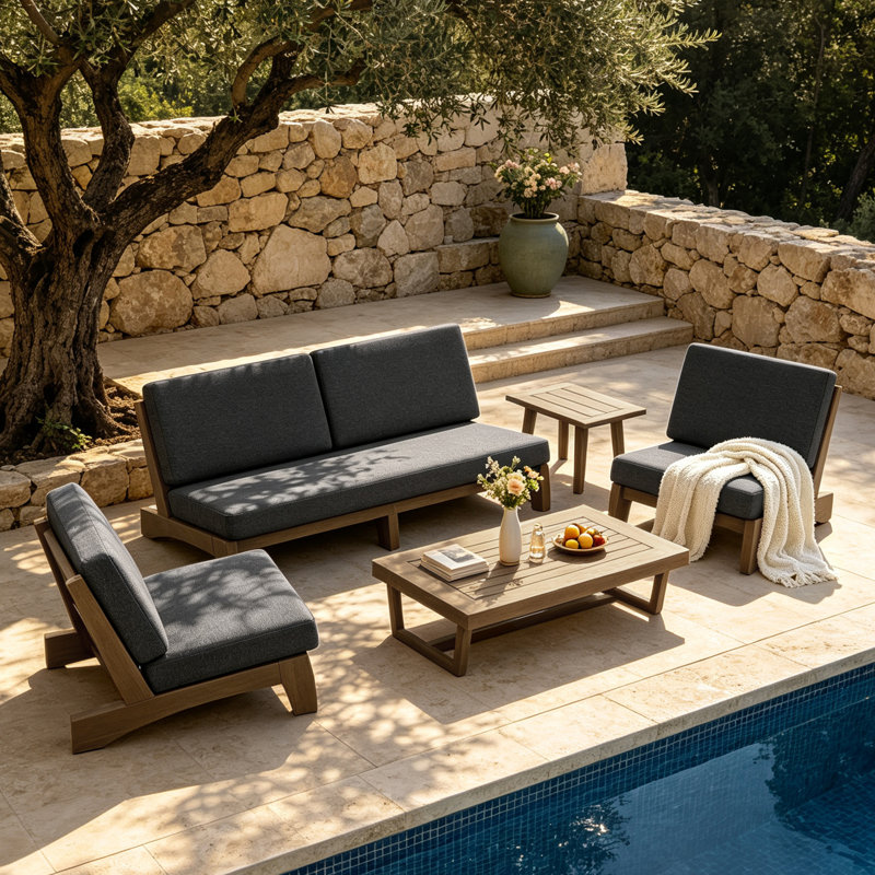 Ensemble de conversation Polett, 5 pièces: 2 tables, 2 chaises, canapé, Gris foncé, Brown