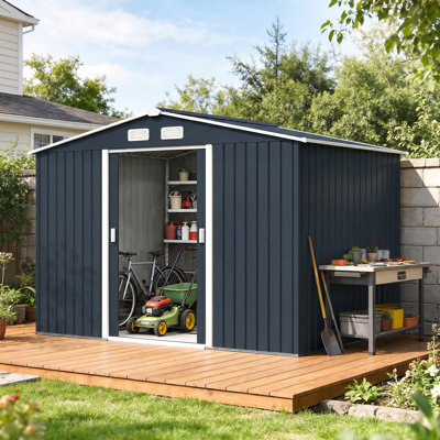 Outsunny 9 x 6ft Metal Garden Shed, Waterproof Outdoor Bike Storage Shed Galvanised with Vents, Foundation Kit