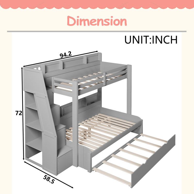 Twin Over Full Bunk Bed With Storage Staircase, Trundle, Storage Shelves, LED And USB, Gray