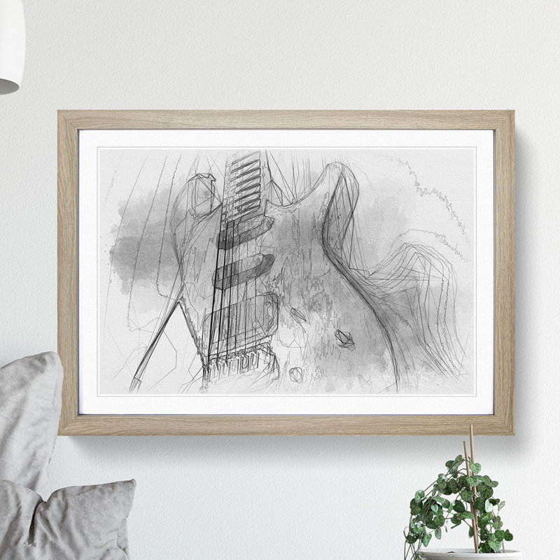 Electric Guitar Vol.2 Sketch - Picture Frame Graphic Art, 48cm H x 65cm W x 2cm D, Oak